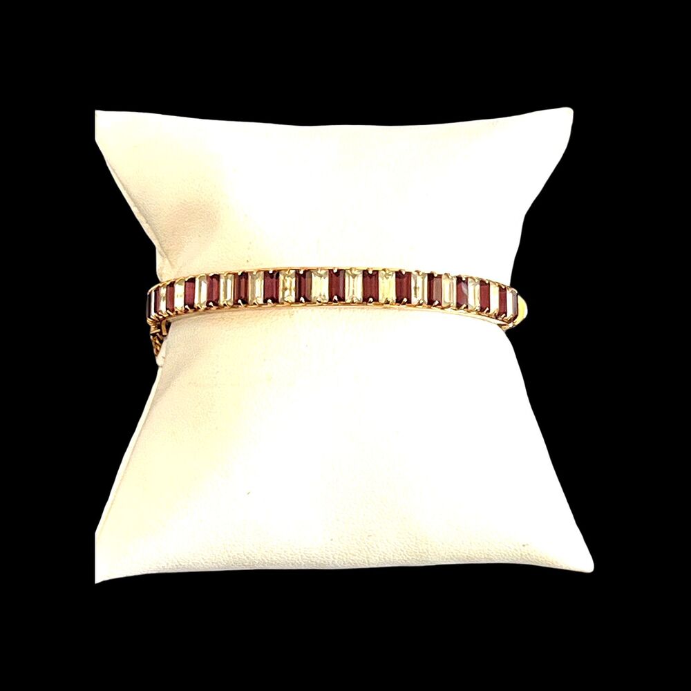 Vintage 1960s Clamper Bracelet Purple & Clear Crystal Baguette Gold Tone - 15D